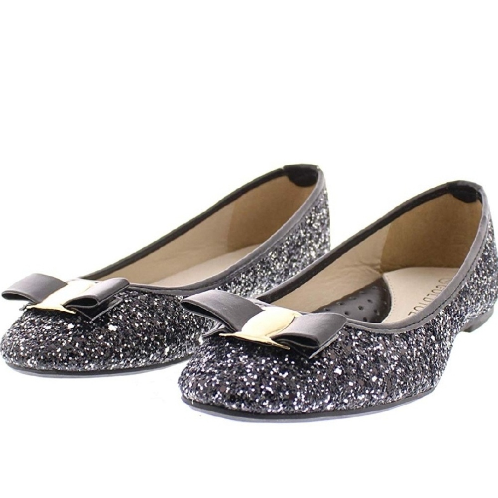 Black sequin gold bow black leather flats